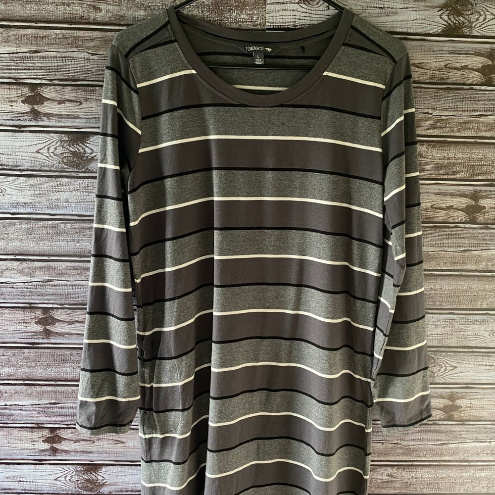 Toad & Co Women's Long-Sleeved Midi Dress Size L Gray Black White Striped Pocket